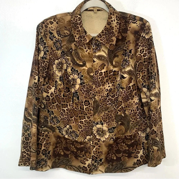Notations Womans Shirt Jacket 1X Brown Leopard Floral Print  Full Zip Peplum - Picture 1 of 11